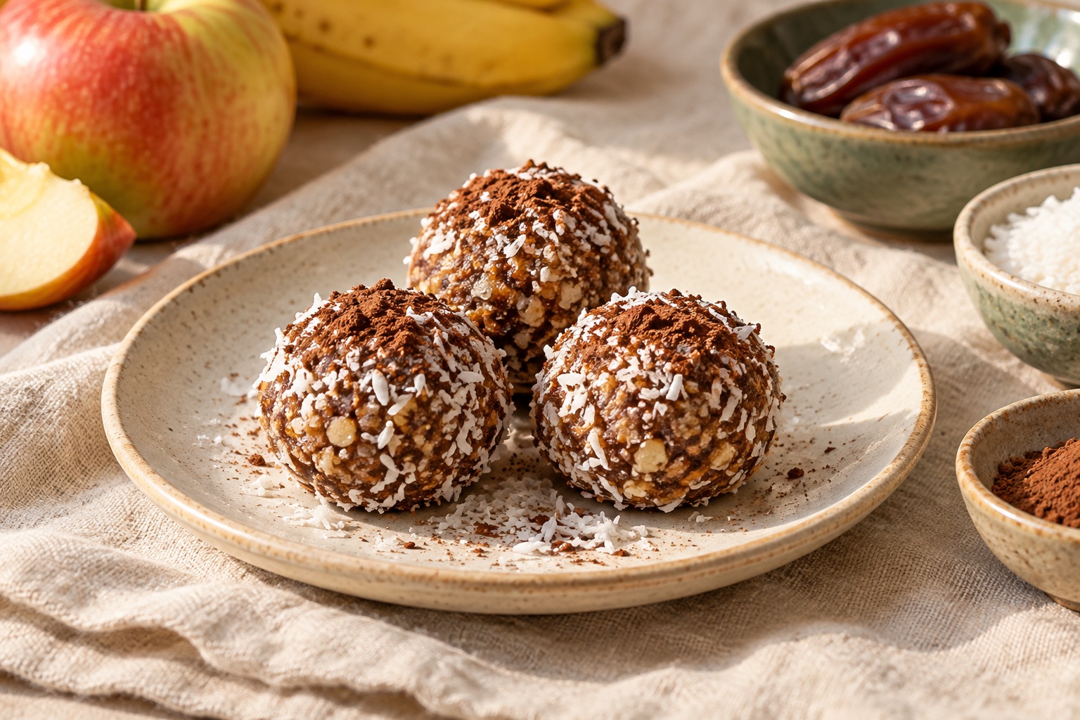 AI-generated illustration of apple, coconut & carob bites