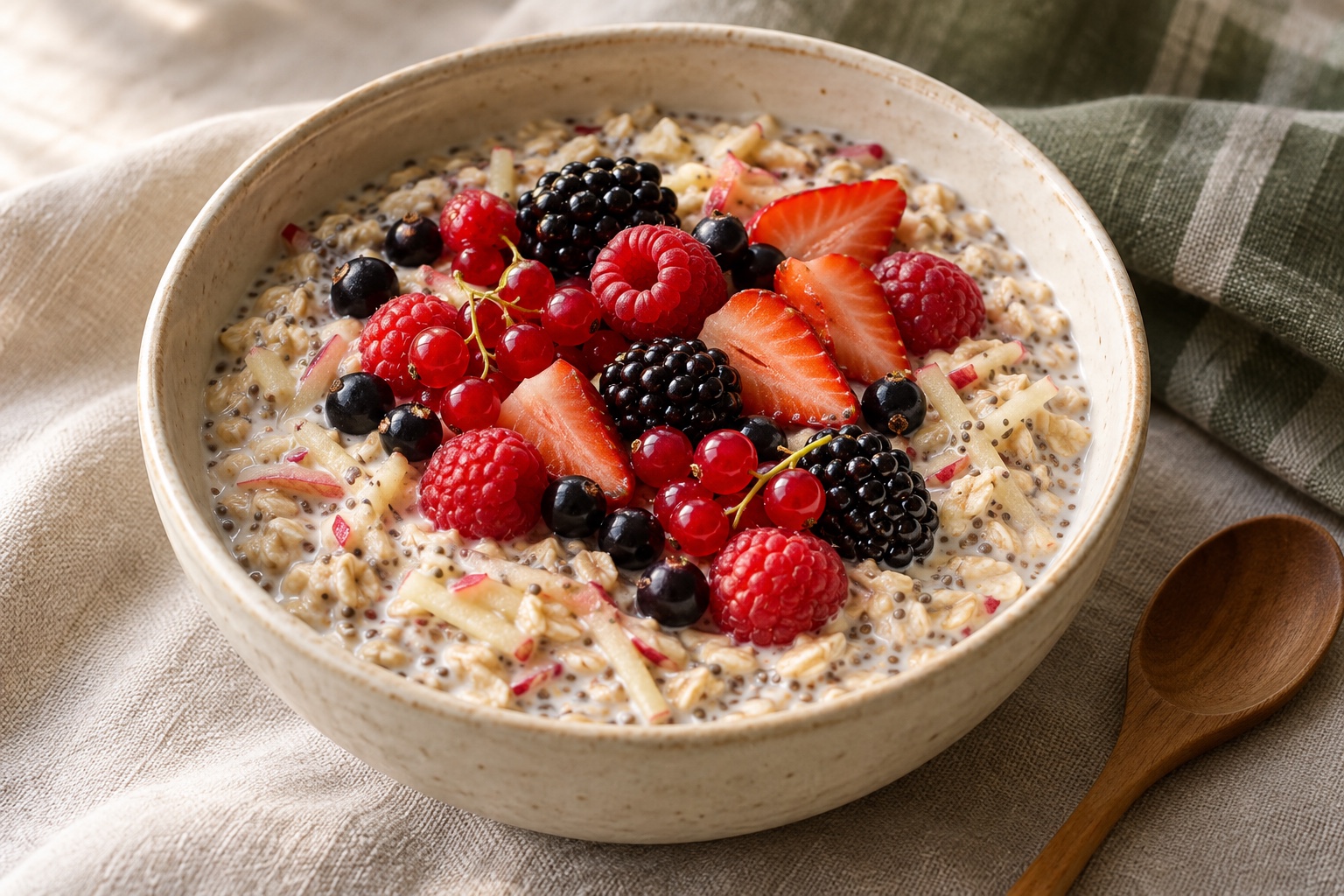 AI-generated illustration of berry, apple and chia overnight oats