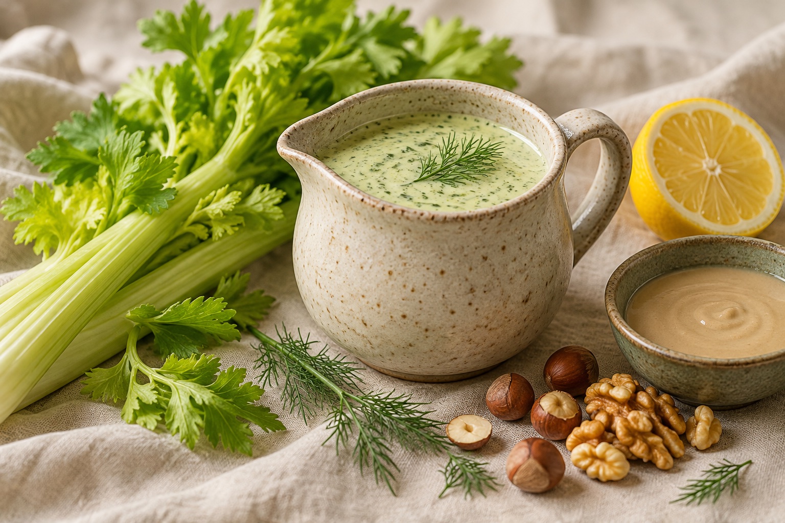 AI-generated illustration of celery, dill & tahini dressing