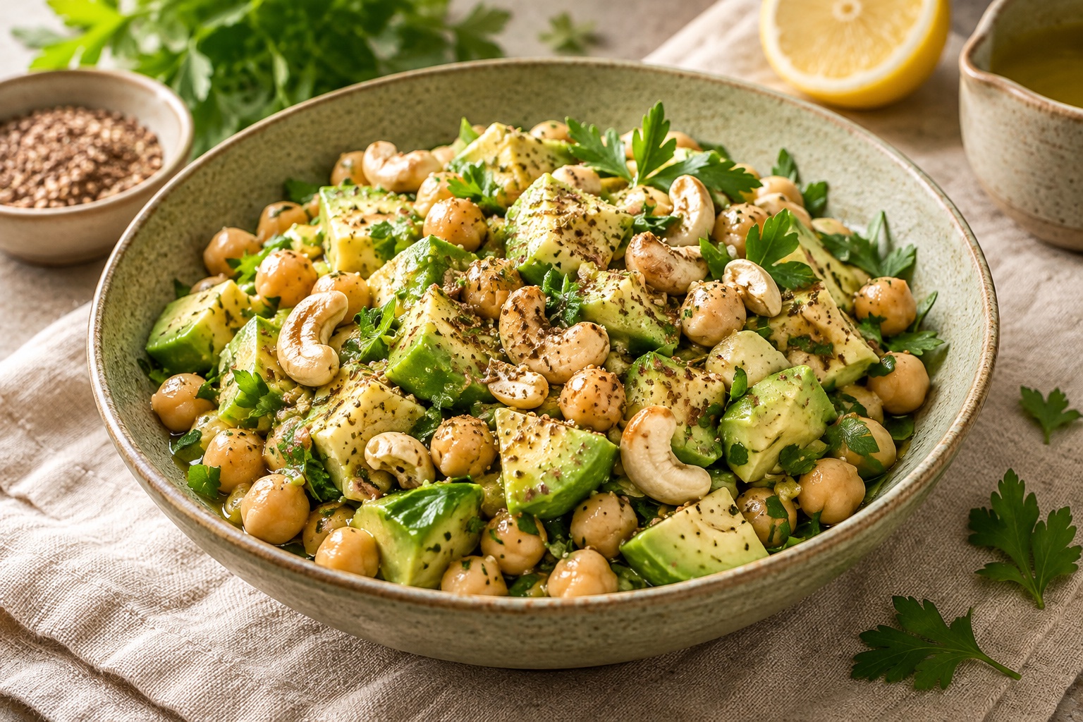 AI-generated illustration of chickpea, avocado & parsley bowl