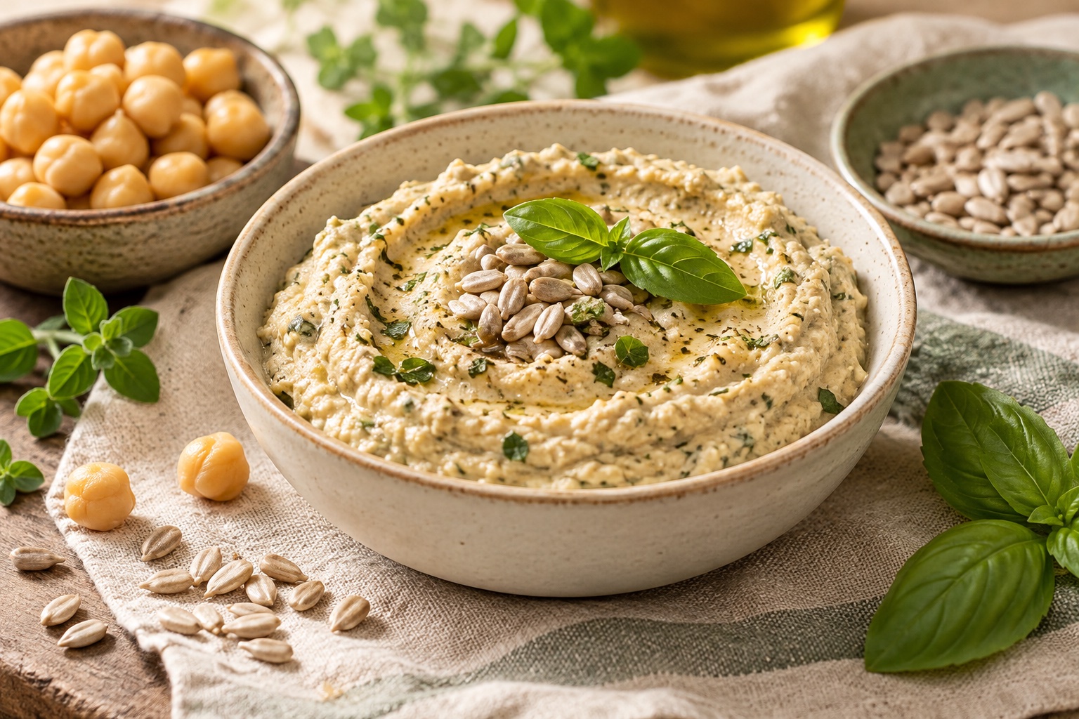 AI-generated illustration of warm chickpea & sunflower herb spread
