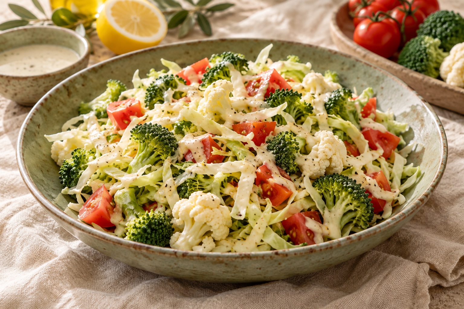AI-generated illustration of crunchy vegetables with cashew dressing