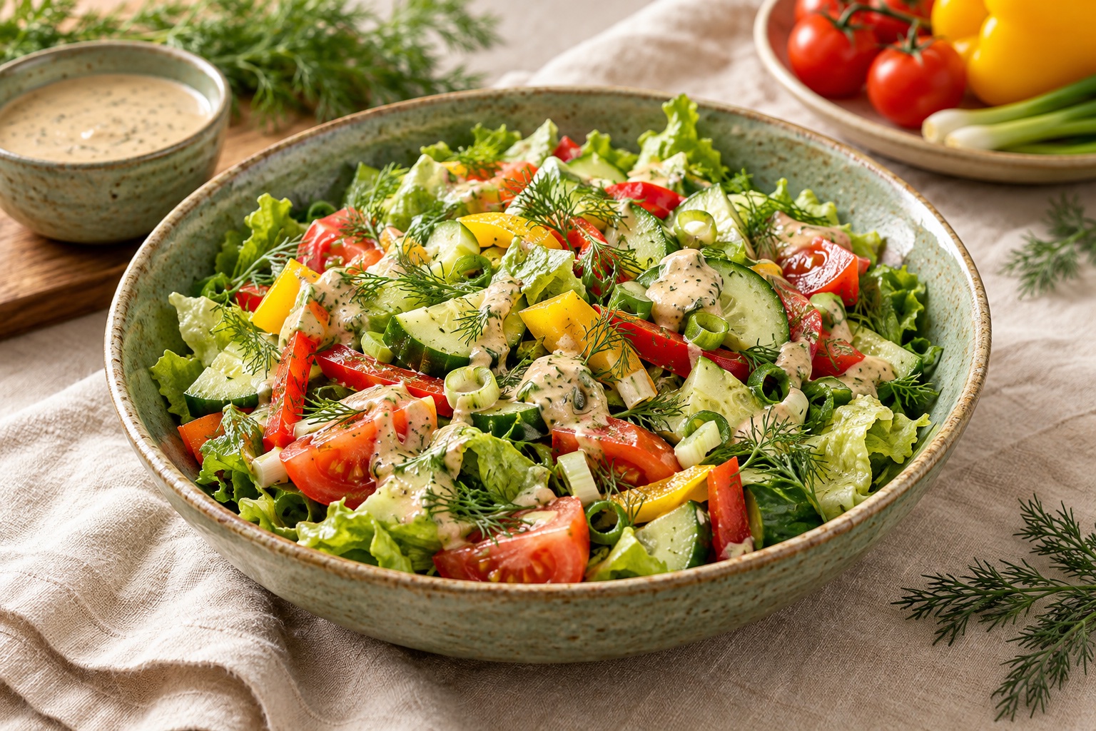 AI-generated illustration of garden salad with celery–tahini dressing
