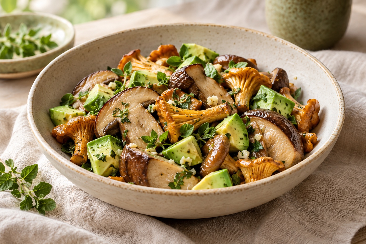 AI-generated illustration of mushrooms with avocado & oregano
