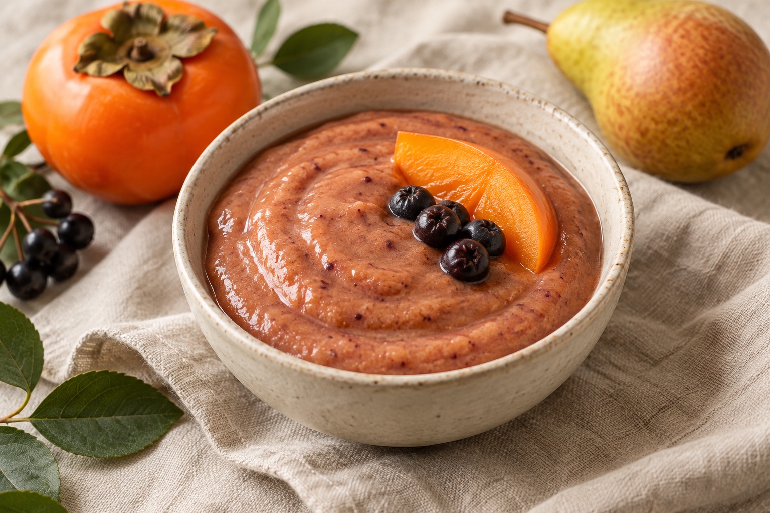 AI-generated illustration of persimmon and pear fruit pudding