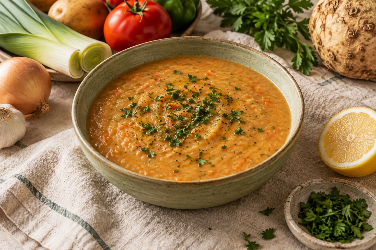 AI-generated illustration of potato, leek & garden-vegetable soup