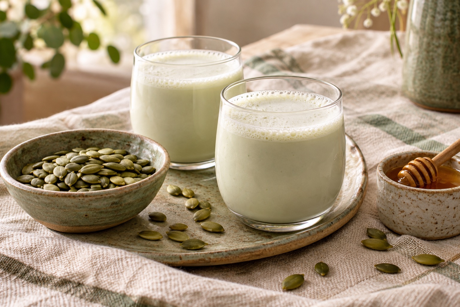 AI-generated illustration of pumpkin-seed milk with a little honey