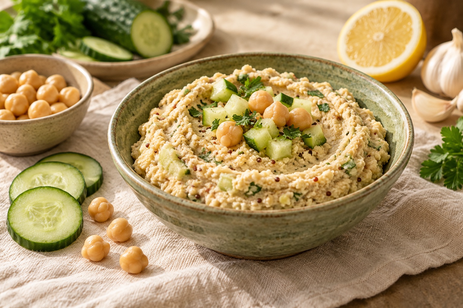 AI-generated illustration of chickpea, quinoa & cucumber hummus