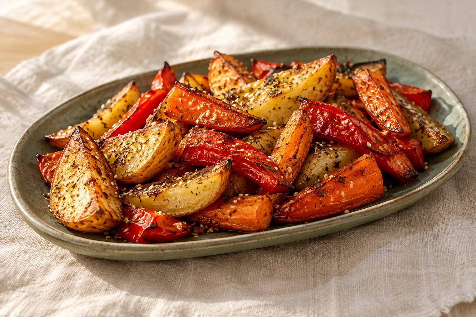AI-generated illustration of sesame & oregano roasted vegetables