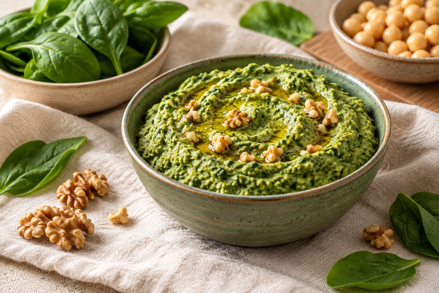 AI-generated illustration of spinach, walnut & chickpea spread