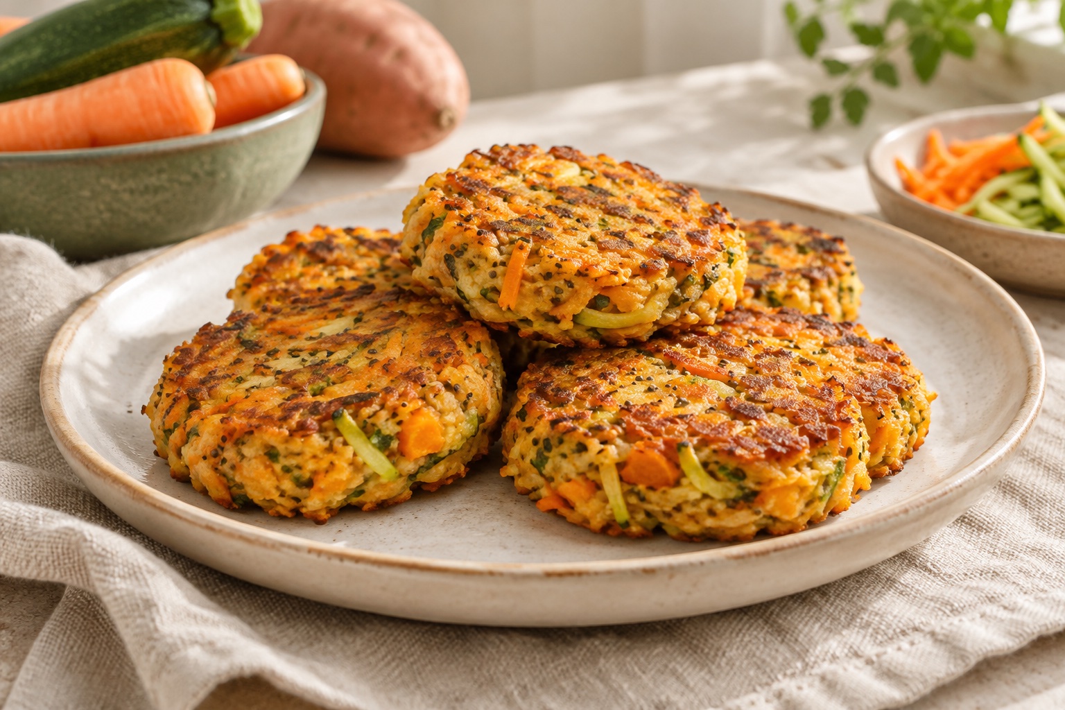 AI-generated illustration of carrot, courgette & sweet-potato patties